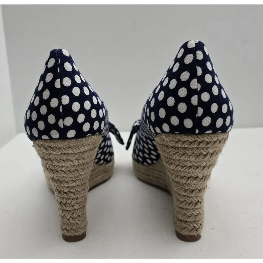 Tory Burch Dory Navy/White Polka Dot Wedge Espadrille Women's Bow Peep Toe Sz 9 - Picture 8 of 10